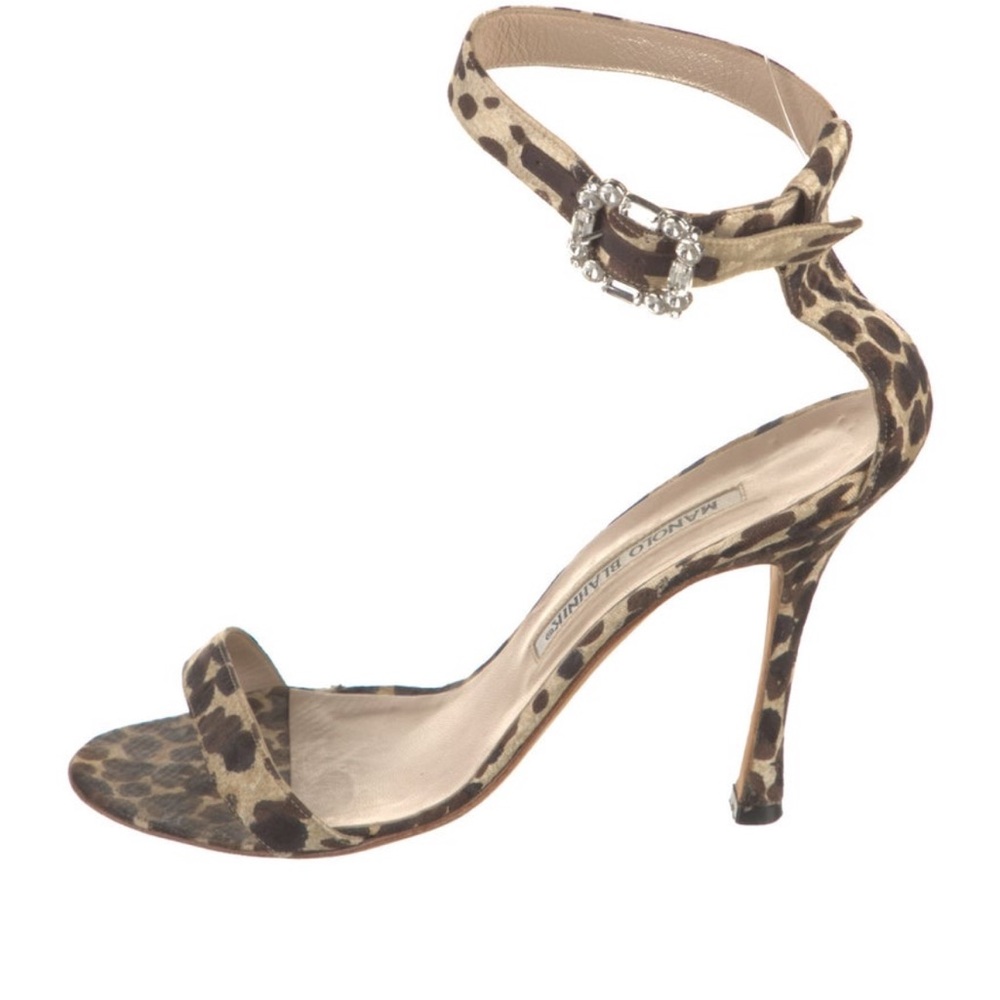 Manolo Leopard Print Ankle Strap Heels